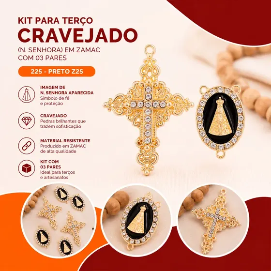 Kit Para Terco Cravejado (N. Senhora) Em Zamac Com 03 Pares - 225 Preto Z25