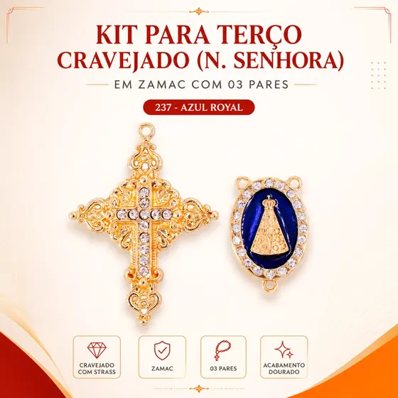 Kit Para Terco Cravejado (N. Senhora) Em Zamac Com 03 Pares - 237 Azul Royal