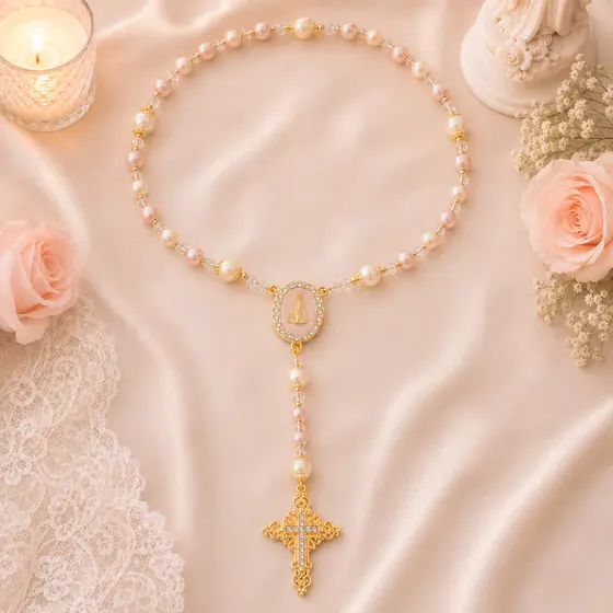 Kit Para Terco Cravejado (N. Senhora) Em Zamac Com 03 Pares - 382 Rose Perolado