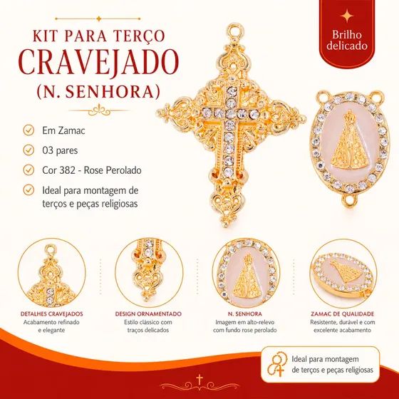 Kit Para Terco Cravejado (N. Senhora) Em Zamac Com 03 Pares - 382 Rose Perolado