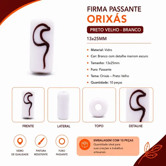 Firma Passante Orixas 13X25Mm Em Vidro Com 10 Pecas - Preto Velho - Branco