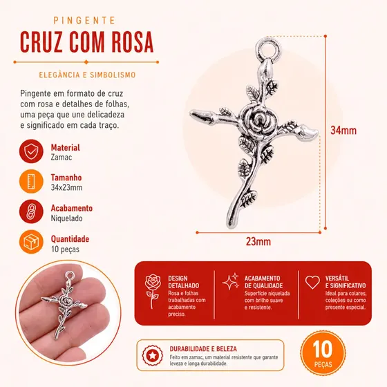 Pingente Cruz Com Rosa 34X23Mm Em Zamac Com 10 Pecas