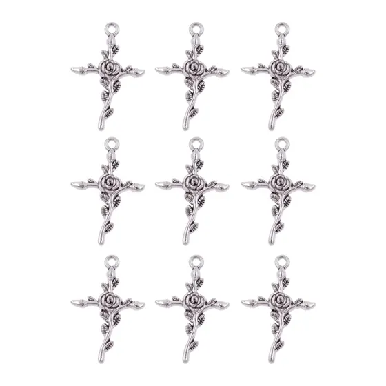 Pingente Cruz Com Rosa 34X23Mm Em Zamac Com 10 Pecas