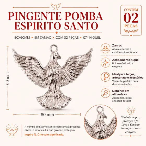 Pingente Pomba Espirito Santo 80X60Mm Em Zamac Com 02 Pecas - 074 Niquel