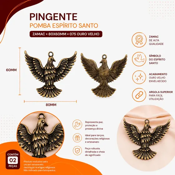 Pingente Pomba Espirito Santo 80X60Mm Em Zamac Com 02 Pecas - 075 Ouro Velho