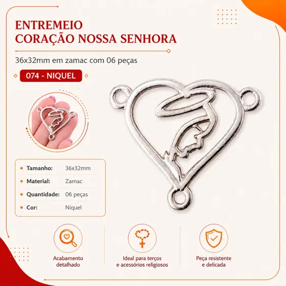 Entremeio Coracao Nossa Senhora 36X32Mm Em Zamac Com 06 Pecas - 074 Niquel