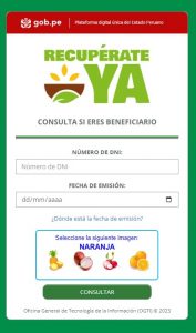 Bono 800 soles tiene LINK de consulta con DNI Ingresa a: https://recuperateya.midagri.gob.pe/ o CLIC AQUÍ. Escribe tu número de DNI Coloca la fecha de emisión de tu DNI