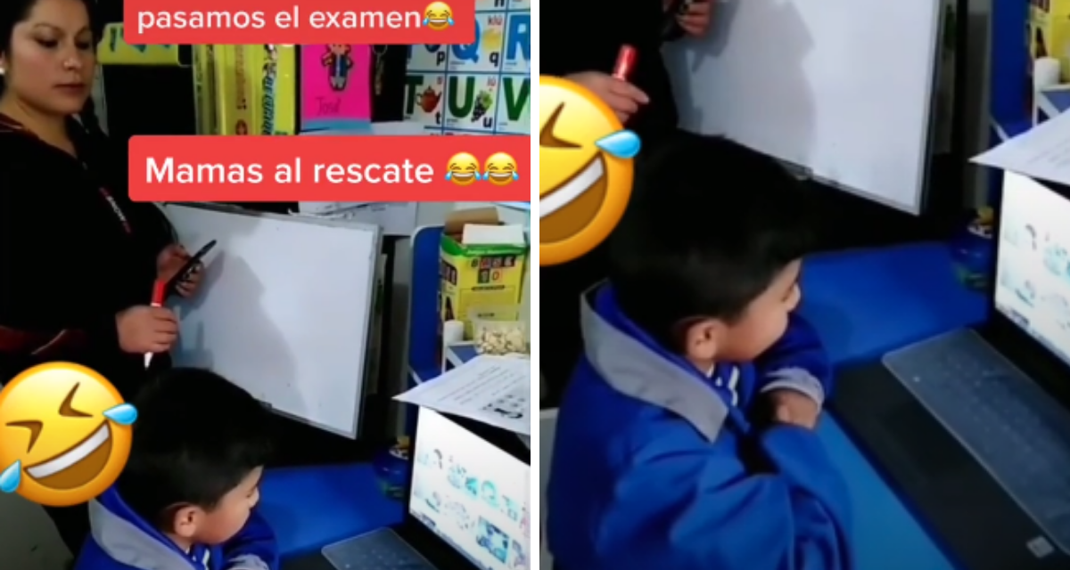 Mamá ayuda a su hijo a sacar 10 en examen virtual