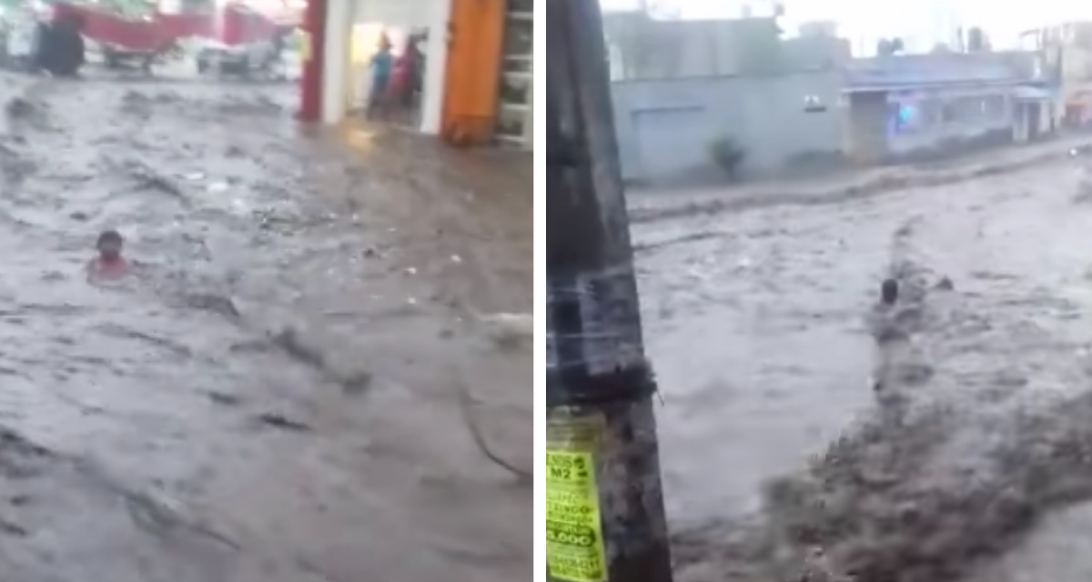 Hombre es arrastrado por el agua de las inundaciones en Ecatepec