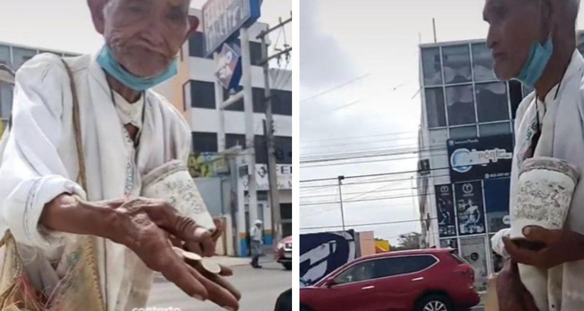 Abuelito que pide dinero en la calle se molesta, ya que sólo acepta de diez para arriba