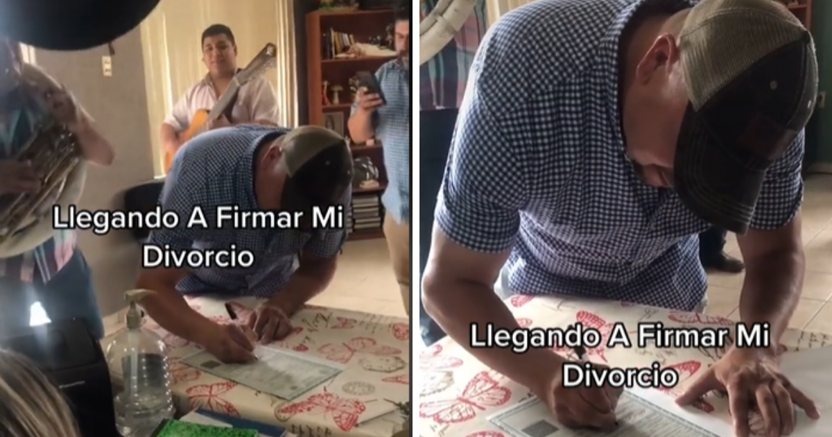 Hombre llega al juzgado a firmar su divorcio ¡con todo y banda!