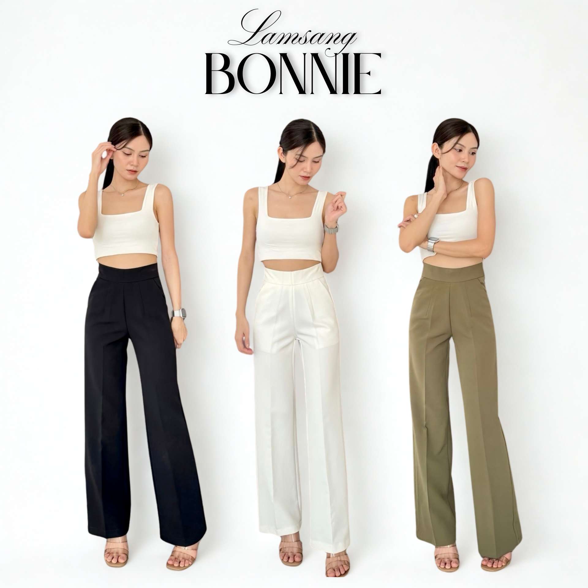 LAMSANG P09 Bonnie Pants กางเกงเอวสูง กระบอกกลาง ซิปหลัง ผ้ายับยาก