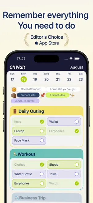 OhWait app screenshot showing daily checklists
