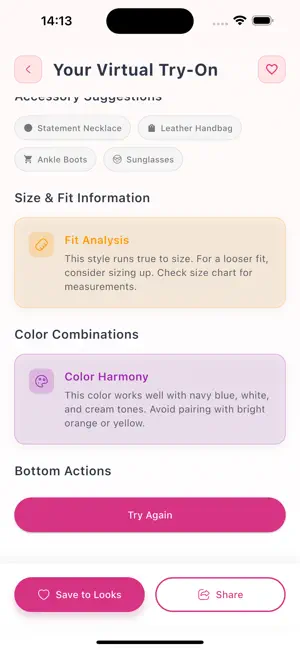 App screenshot showing fit analysis and color harmony suggestions