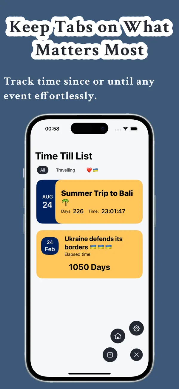 TimeTill app homescreen showing event countdowns.