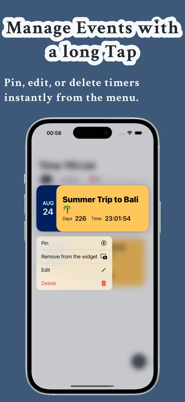 Managing an event with a long tap context menu