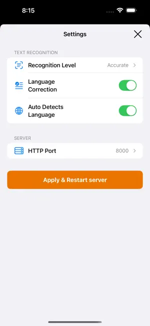 OCR Server settings screen screenshot