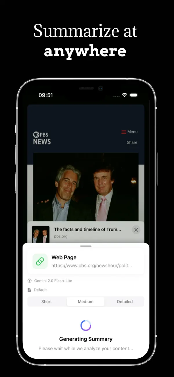 App screenshot showing summary generation