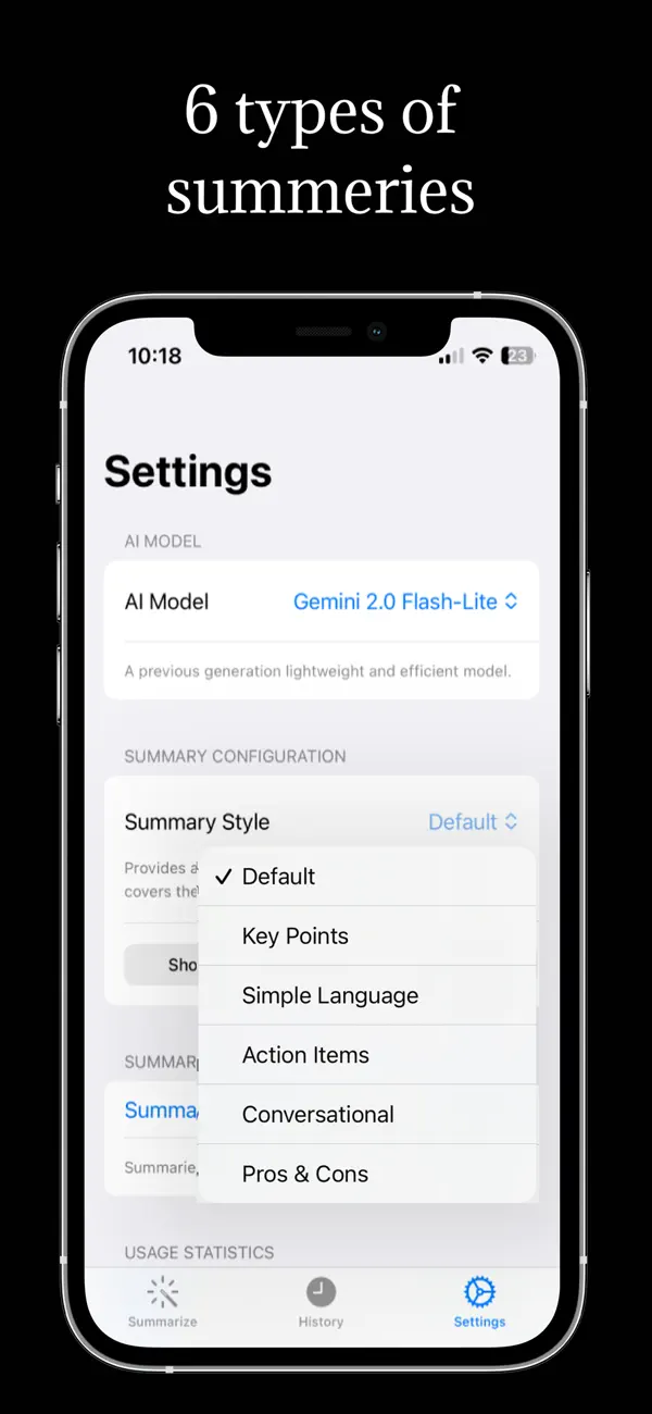 App settings showing 6 types of summaries