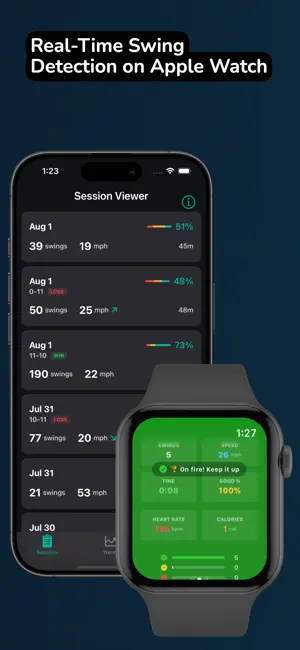 PickleWatch app showing session viewer on iPhone and real-time stats on Apple Watch