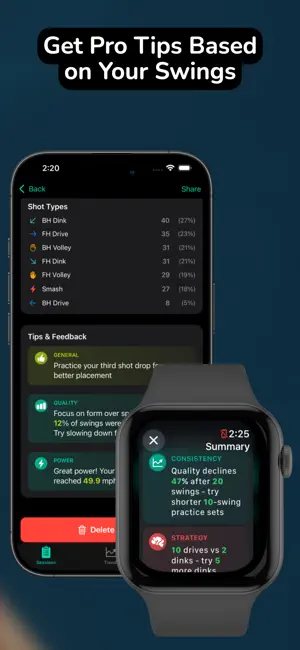 App screenshot showing pro tips and feedback based on swing analysis.