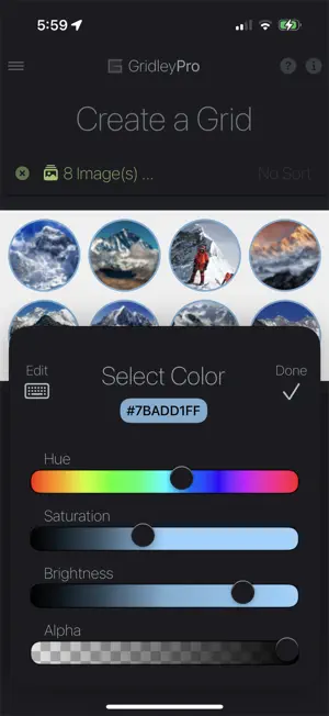 Gridley showing the color picker interface