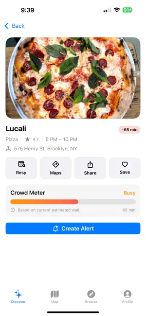Restaurant details with crowd meter