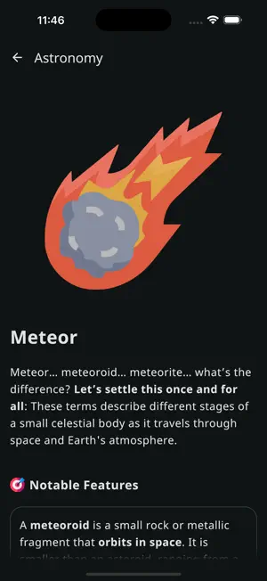 Detail screen for Meteors in the Astronomy section