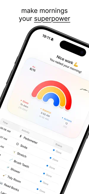 Ratine app showing a dashboard with morning routine progress including sleep, wakeup time, and completed actions.