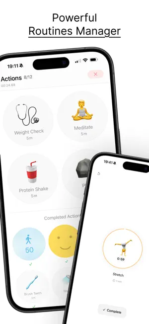 Ratine app screen for managing routine actions like weight check and meditation.