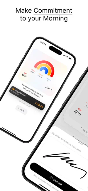 Ratine app showing the commitment feature where a user signs to commit to their morning goals.