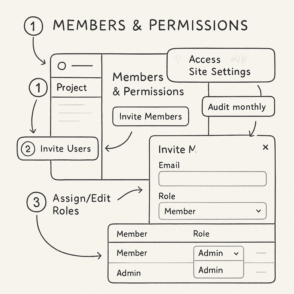 Step-by-step Webflow members and permissions workflow illustration