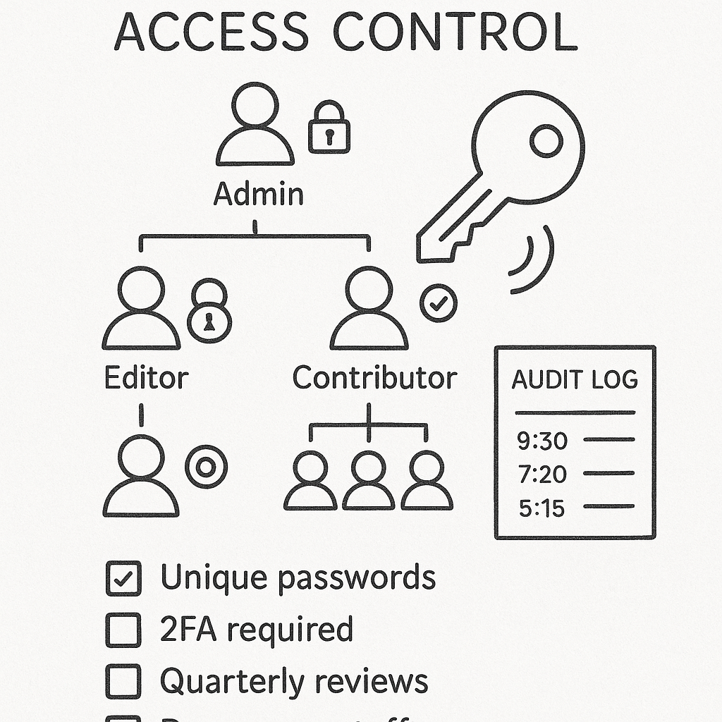 Access-control diagram showing team roles, least-privilege icons and 2FA enforcement