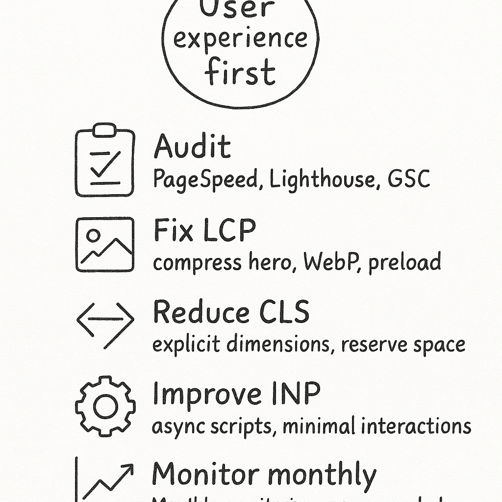 Infographic checklist of actionable takeaways for improving Webflow Core Web Vitals (audit, fix LCP, reduce CLS, improve INP, monitor).