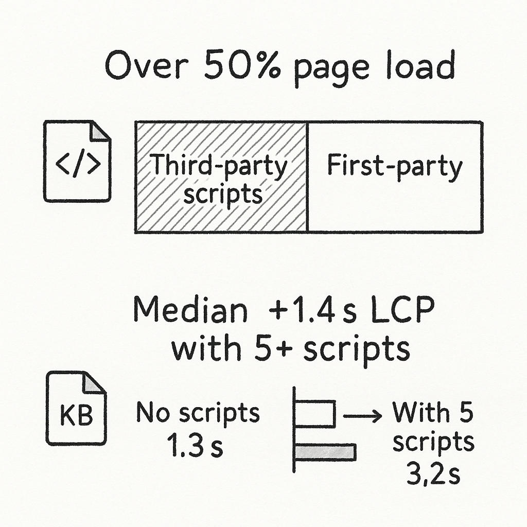 Infographic comparing portion of page load from third‑party scripts and LCP impact of adding multiple scripts