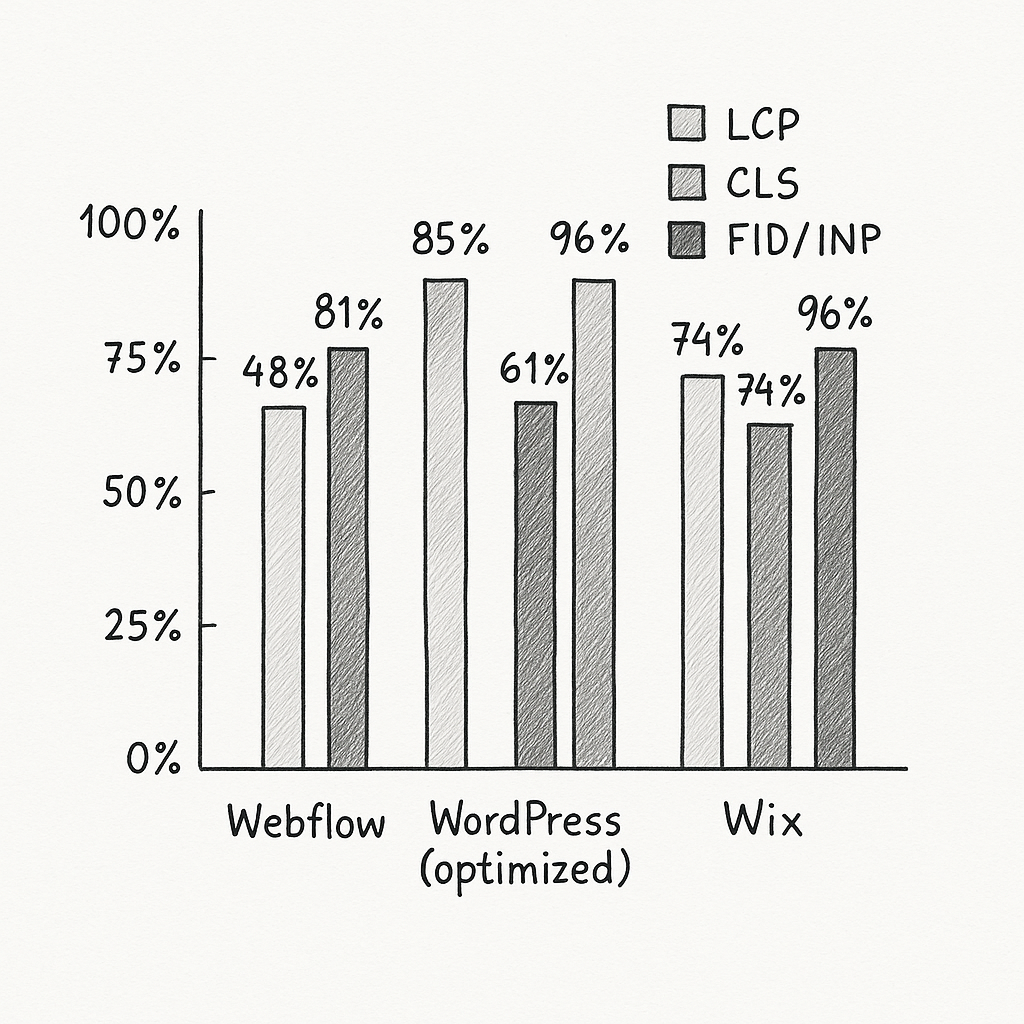 Bar chart comparing percent of 'Good' Core Web Vitals (LCP, CLS, FID/INP) across Webflow, WordPress, Wix, and Shopify.