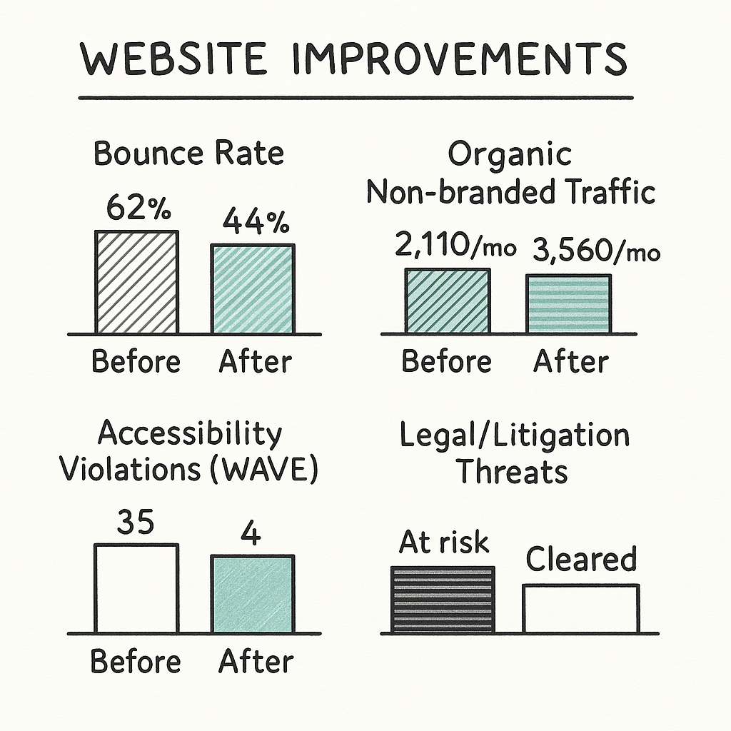 Bar chart comparing before and after accessibility metrics: bounce rate, organic traffic, WAVE violations, legal risk