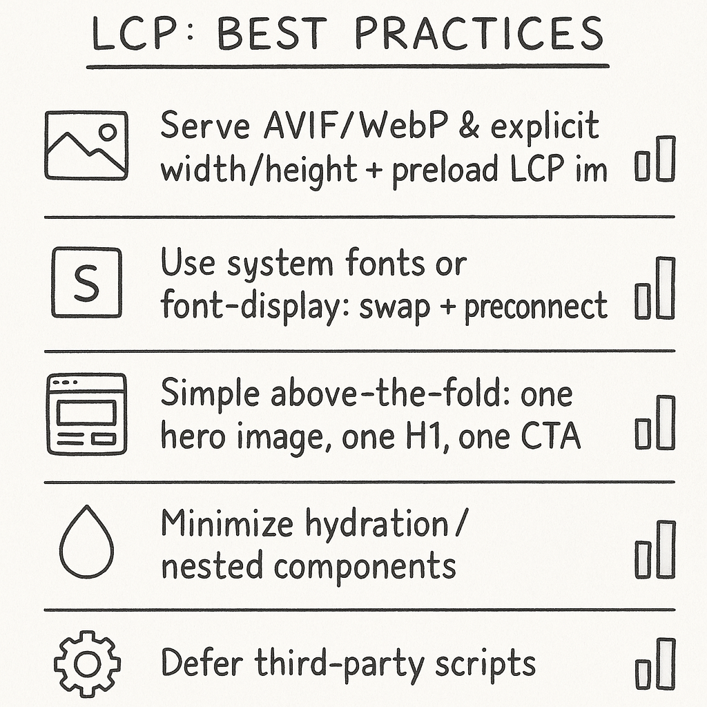 Infographic checklist of best practices to achieve LCP under 2.5s