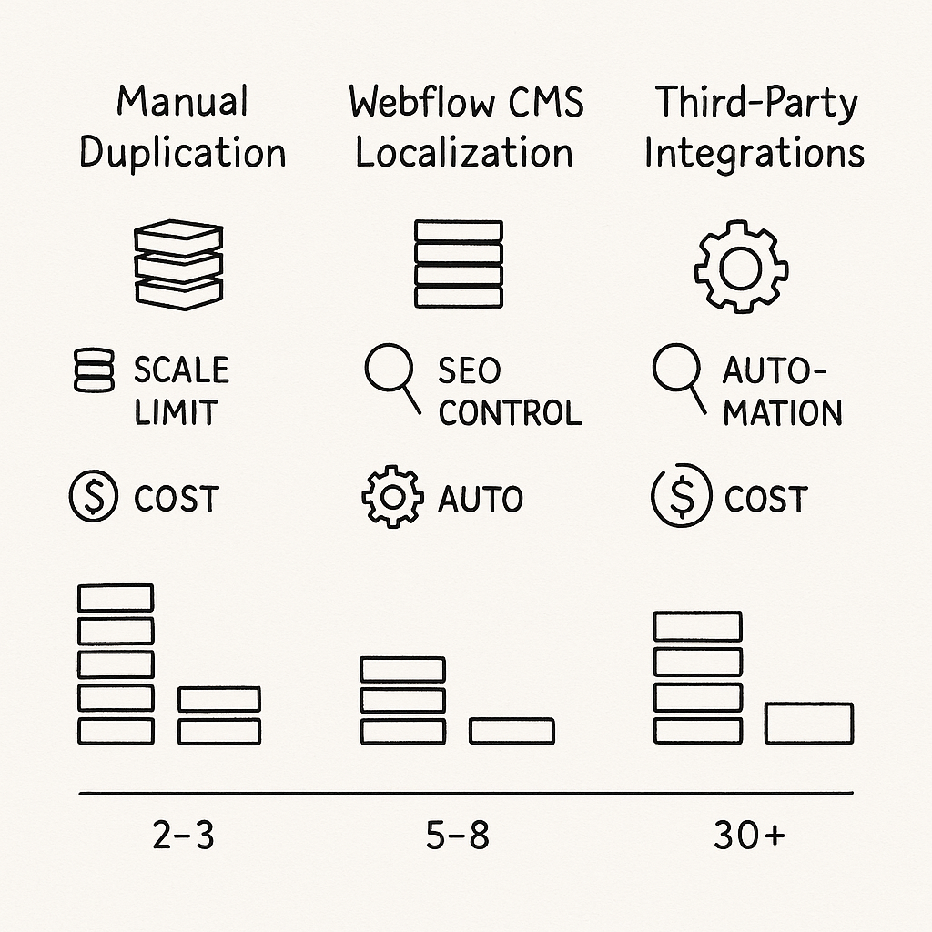 Comparison infographic showing Manual Duplication vs CMS Localization vs Third-Party integrations