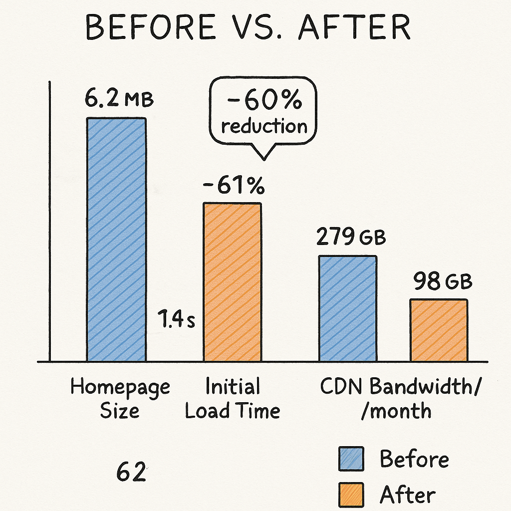 Bar chart comparing before and after metrics: homepage size, initial load time, and CDN bandwidth for 100k users