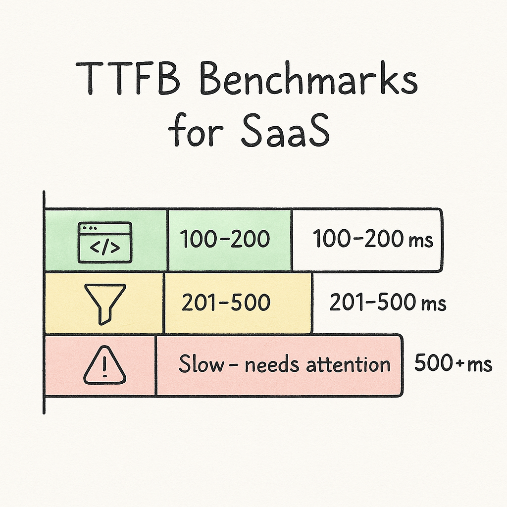 Bar chart comparing TTFB ranges: 100–200ms Excellent, 201–500ms Good, 500+ms Slow