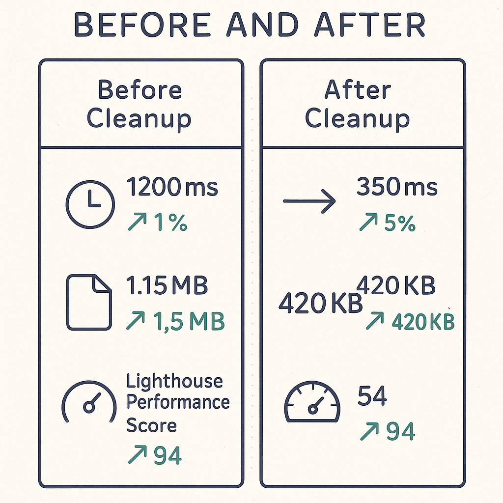 Before-and-after data visualization illustrating performance gains after removing unused CSS and JS