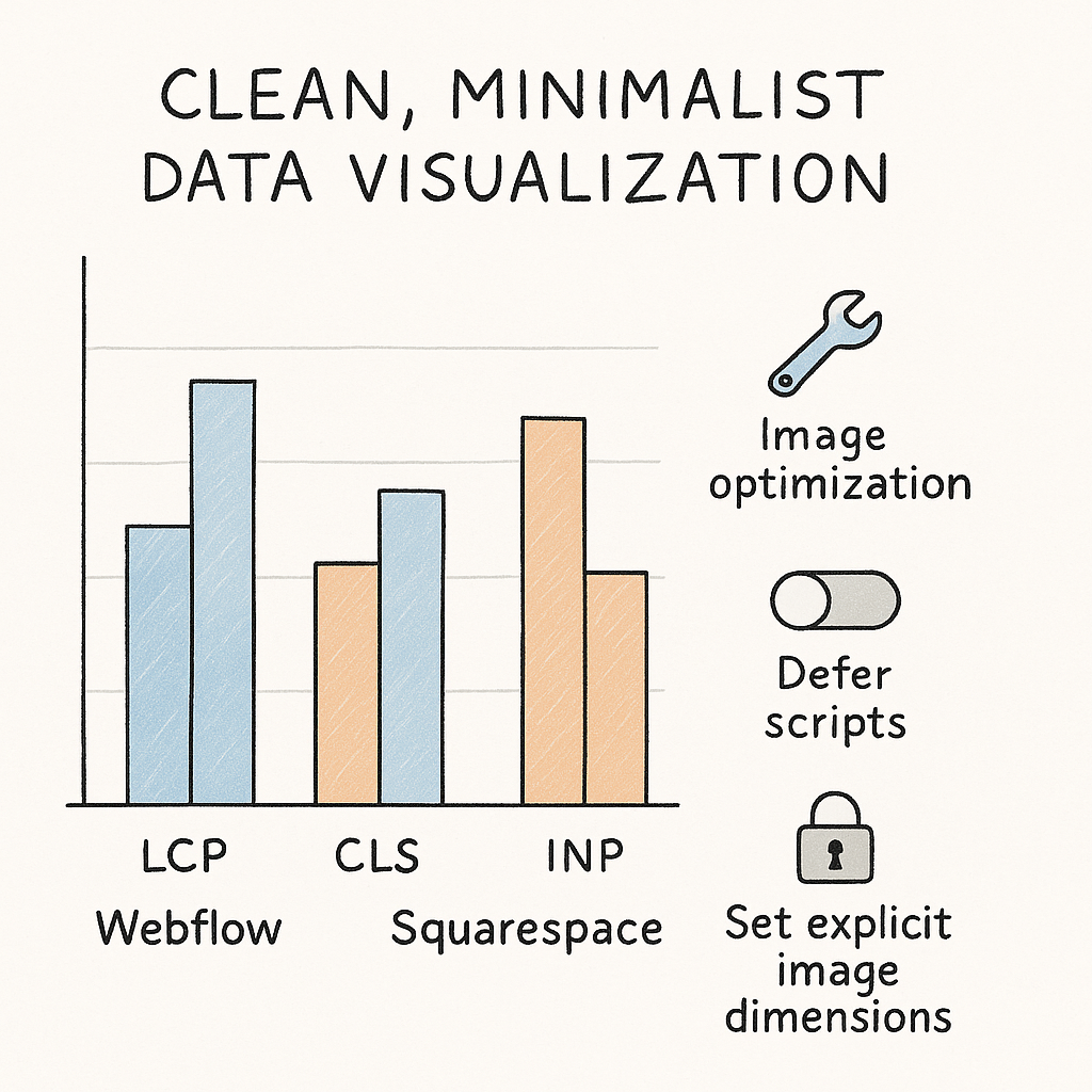 Bar/line chart visual comparing key Core Web Vitals (LCP, CLS, INP) and optimization levers for each platform.