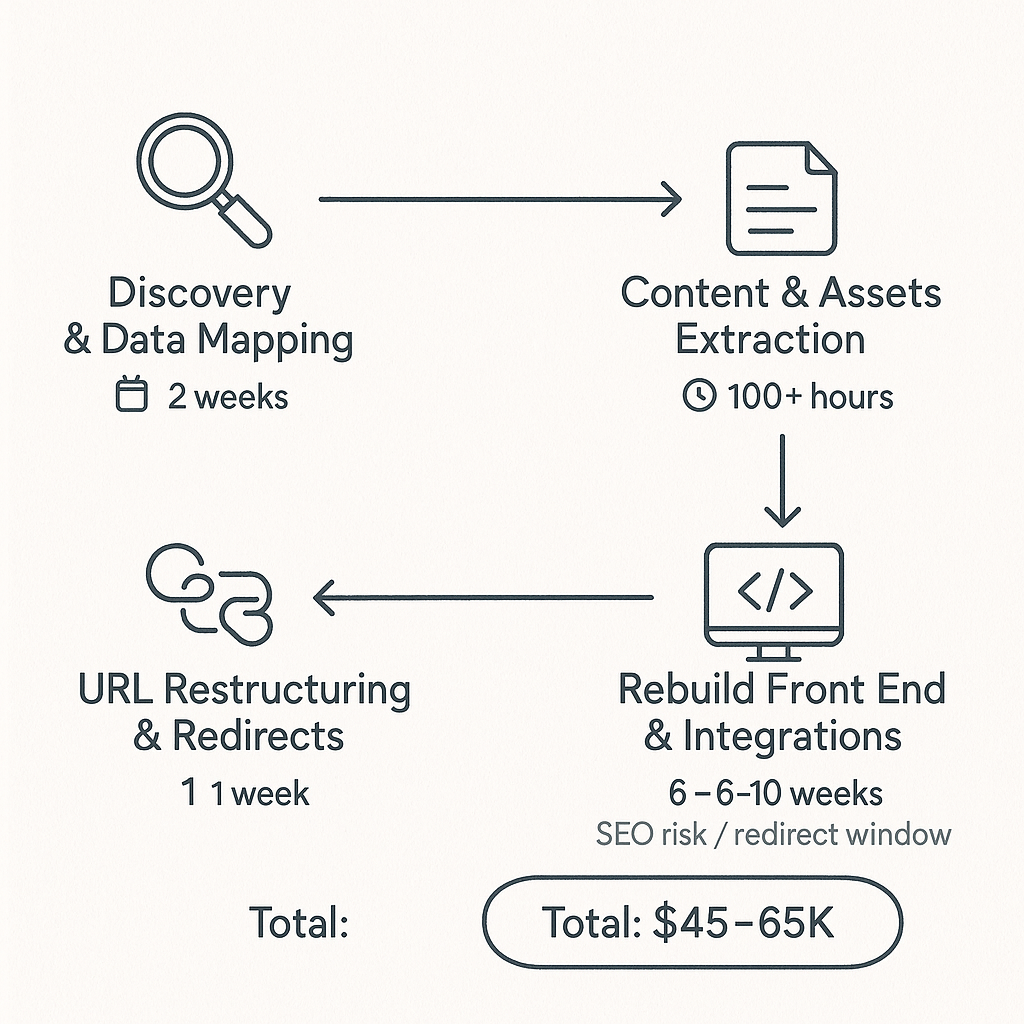 Flowchart showing typical migration stages, timeline, and estimated cost to move from Webflow to a headless stack.