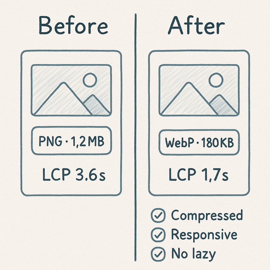 Before-and-after comparison of a hero image optimized from 1.2MB PNG to 180KB WebP with LCP improvement numbers