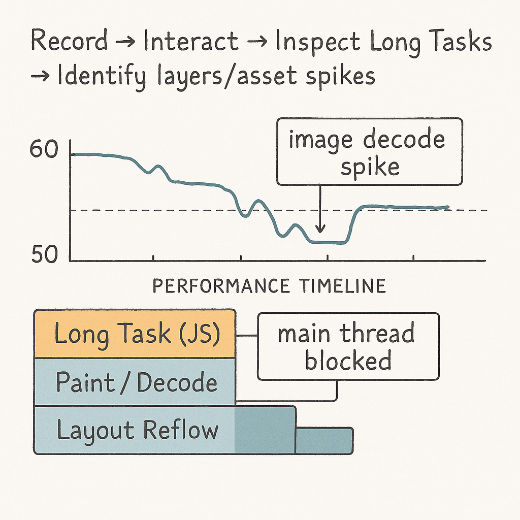 Stylized performance timeline with FPS graph, long task bars, and labeled bottlenecks