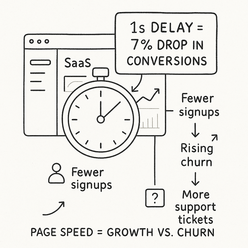 Infographic showing how a 1-second page load delay reduces conversions and increases churn for a SaaS product