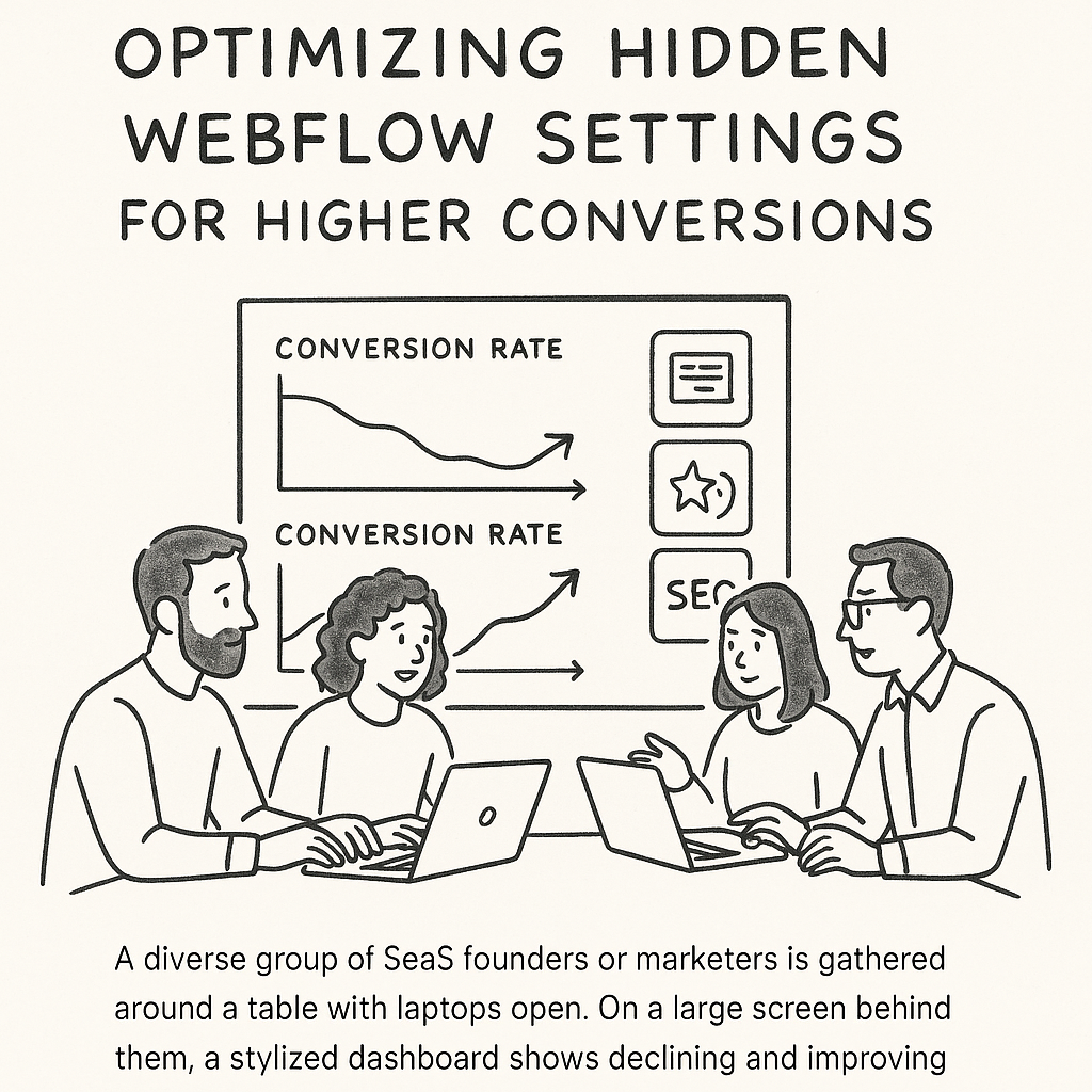 A SaaS team analyzing conversion rates with highlighted hidden Webflow settings in the background