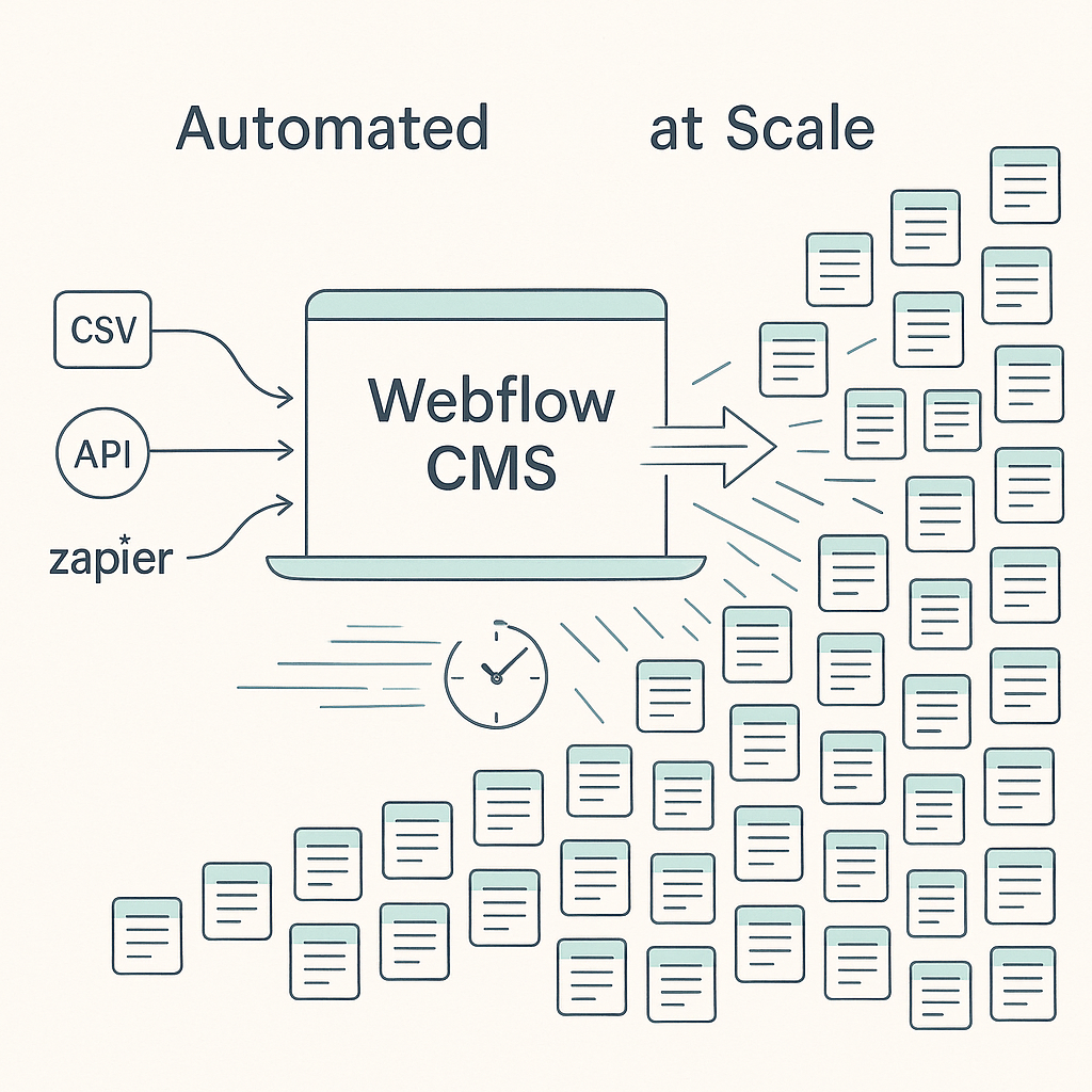 Illustration showing automated content generation powering many Webflow pages for a SaaS site