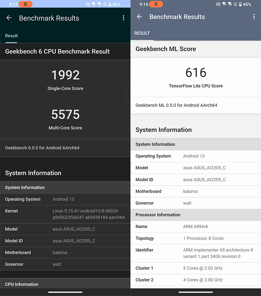 ROG Phone 7 Geekbench6與Geekbench ML測試結果